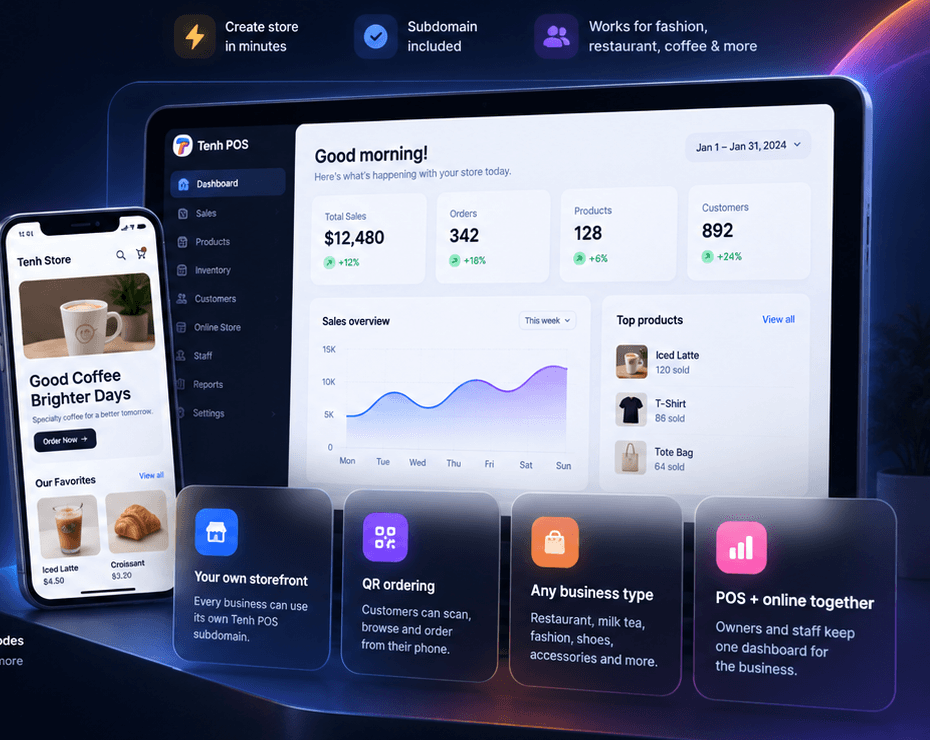 TENH POS dashboard and customer storefront preview